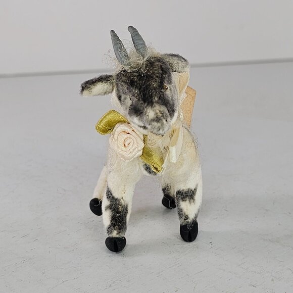 Vintage Articulated Goat Figurine Bow Flower Black White Realistic Mohair Felt - Picture 3 of 8